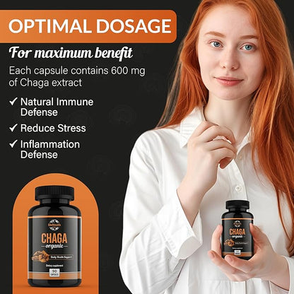 Chaga Capsules Organic Supplement | Supports Immune Health & Vitality | Daily Immune Support | Organic Chaga Mushroom Extract | 90 Capsules (1 Month Supply)