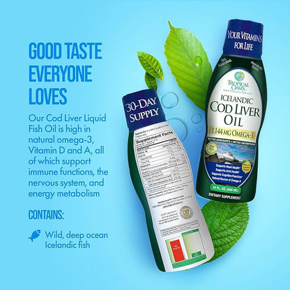 Tropical Oasis - Icelandic Cod Liver Oil | Maximum Strength 1144mg of Liquid Wild-Caught Natural Omega-3 Fish Oil (Lemon Flavor, 90 Servings)