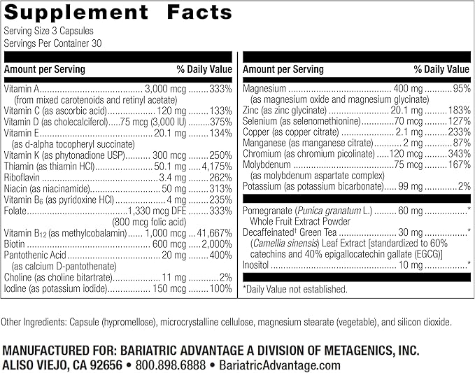Bariatric Advantage Ultra Multi Without Iron, High Potency Daily Multivitamin for Bariatric Surgery Patients with 22 Essential Vitamins and Nutrients - 90 Capsules, 30 Servings