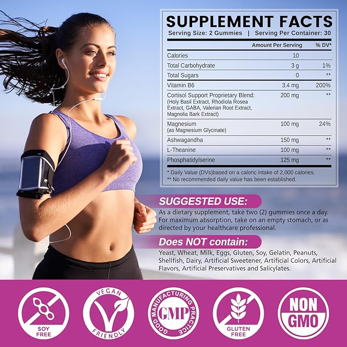 Cortisol Supplements for Women Men, Cortisol Gummies with Ashwagandha, Magnesium, L-Theanine, Phosphatidylserine, B6 for Cortisol Detox, Relaxation, Sleep, Focus, Sugar-Free, Vegan, 120