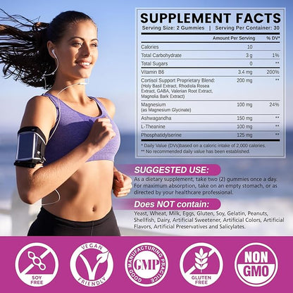 Cortisol Supplements for Women Men, Cortisol Gummies with Ashwagandha, Magnesium, L-Theanine, Phosphatidylserine, B6 for Cortisol Detox, Relaxation, Sleep, Focus, Sugar-Free, Vegan, 60