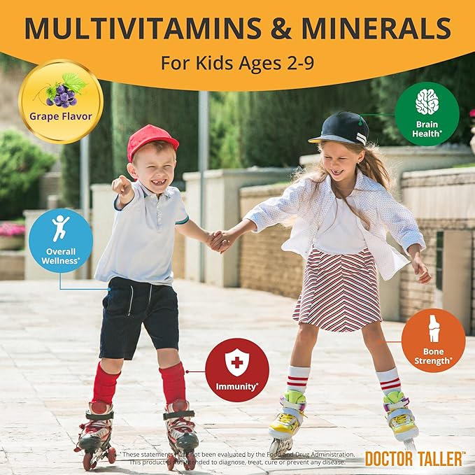 Doctor Taller Kids - Kids Multivitamins, Toddler Vitamins - Support Bone Strength, Enhanced Immunity with Calcium, Multivitamins for Ages 2 to 9 - Grape Flavor - 90 Vegan Chewable Tablets | 2 Pack