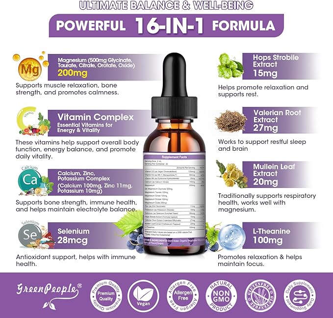 Magnesium Glycinate Liquid Drops - 1000mg 5-in-1 High Absorption Liquid Magnesium Complex with D3/K2/B6 | Fast-Acting, Bone, Muscle & Sleep | Sugar-Free Grape Flavor, 2fl Oz