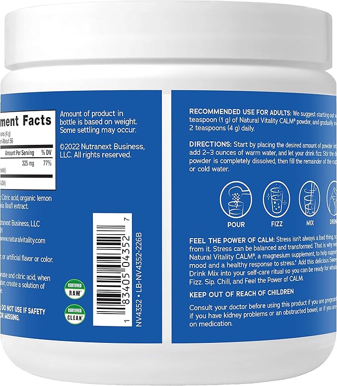 Natural Vitality Calm, Magnesium Supplement, Anti-Stress Drink Mix Powder, Gluten Free, Vegan, & Non-GMO, Sweet Lemon, 8 oz