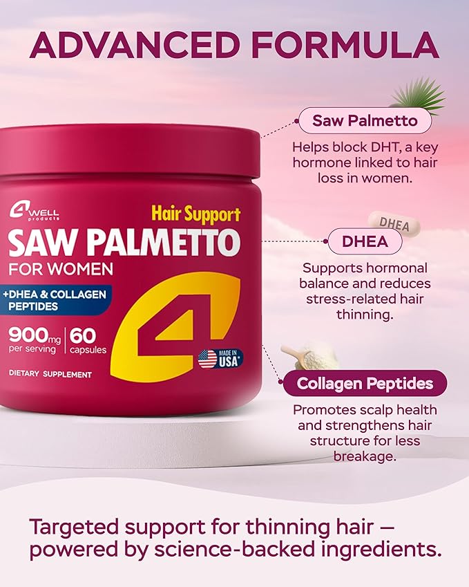 Improved Complex Saw Palmetto for Women Wellness with DHEA Supplement and Collagen Peptides 900mg - Advanced Formula for Hair Skin and Nails - Vitamins & DHT Blocker for Women Hair Growth 60 Capsules