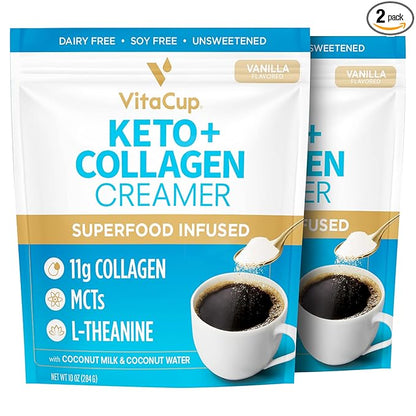 VitaCup Keto + Collagen Coffee Creamer Vanilla Flavor w/MCT, Collagen Protein, Coconut Water, L-Theanine for Keto Diet, Coffee, Smoothies, & Shakes, Dairy-Free, Gluten-Free, Soy-Free, 2 bags,10oz each