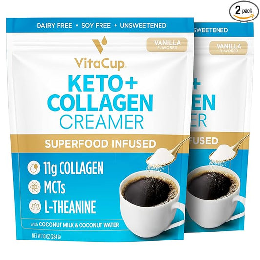 VitaCup Keto + Collagen Coffee Creamer Vanilla Flavor w/MCT, Collagen Protein, Coconut Water, L-Theanine for Keto Diet, Coffee, Smoothies, & Shakes, Dairy-Free, Gluten-Free, Soy-Free, 2 bags,10oz each