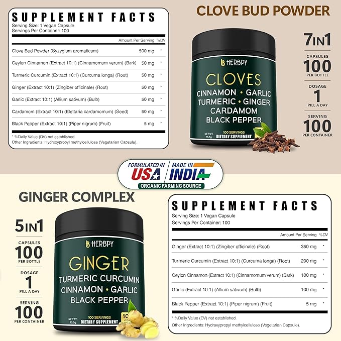 Bundle 7in1 Cloves Supplement & 5in1 Ginger Supplement - Support Immune, Digestion and Heart Health