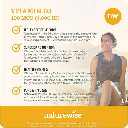 NatureWise Vitamin D3 4000iu (100 mcg) 30-Day Supply for Immune Support, Healthy Muscle Function, and Bone Health - Non-GMO, Gluten Free in Organic Extra Virgin Olive Oil, (Mini Softgel), 30 Count