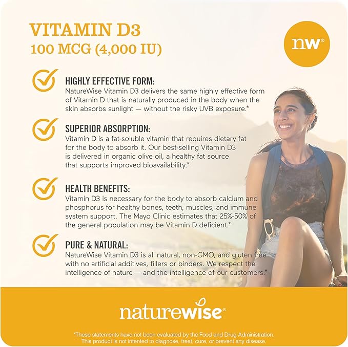 NatureWise Vitamin D3 4000iu (100 mcg) 200-Day Supply for Immune Support, Healthy Muscle Function, and Bone Health - Non-GMO, Gluten Free in Organic Extra Virgin Olive Oil, (Mini Softgel), 200 Count