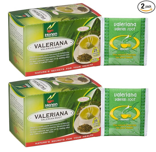 Hanan Valerian Root Tea for Bedtime (50 Bags) - Te de Valeriana, Herbal Calming Night Tea - 100% Pure, Caffeine-Free, Non-GMO, Herb from Peru - Pack of 2 Boxes