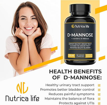Urinary Tract Infection Treatments D Mannose 1000mg Capsules - Potent D-Mannose & Cranberry Pills with Hibiscus Extract - Strength Urinary Tract Support, Healthy Bladder Control (120 Capsules)