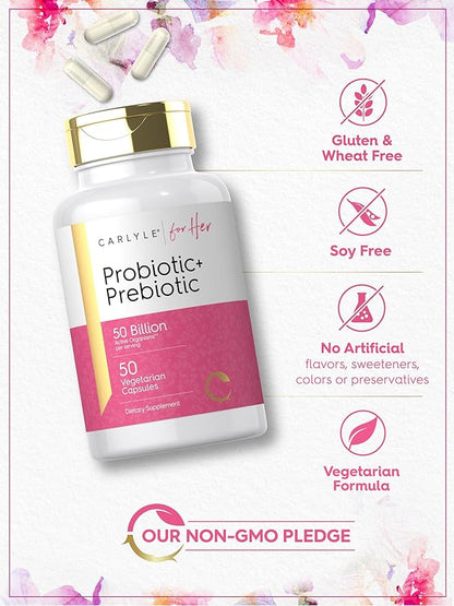 Carlyle Prebiotic and Probiotic for Women | 50 Billion Active Organisms Per Serving | 50 Capsules | Vegetarian Supplement for Women