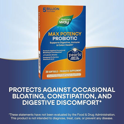 Nature's Way Max Potency Probiotic Pearls for Men and Women, Supports Digestive, Immune, Colon Health*, 5 Billion Live Cultures, No Refrigeration Required, 30 Softgels