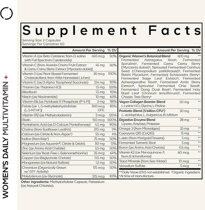 Codeage Women’s Daily Multivitamin, 25+ Vitamins & Minerals, Fermented, Organic Whole Foods, Probiotics Supplement - Vitamin A, B, C, D, E & K, Omega 3, Zinc – Vegan - 120 Capsules