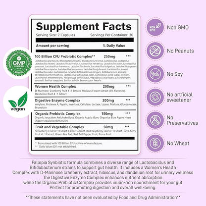 Probiotics for Women 100 Billion CFU – 34 Strains with Digestive Enzymes, Cranberry, D-Mannose & Prebiotics – Vaginal Probiotics for pH Balance, Odor, UTI, Yeast Infection & Gut Health – 60 CT