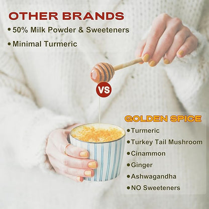 Golden Spice - Mushroom Golden Milk, Heirloom Turmeric Latte Spice Blend | Ashwagandha & Turkey Tail Adaptogens | Caffeine-Free Rooibos Matcha | No Milk or Sweetener Fillers