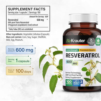 BIO KRAUTER Resveratrol Supplement Capsules 600 mg - 100 Count - Natural Antioxidant Source - 98% Pure Trans Resveratrol Powder - Vegan