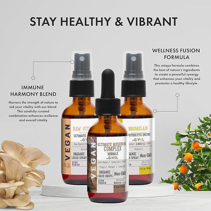 Inflammation Defense Bundle: Ultimate Mushroom Complex with Lions Mane, Reishi, Cordyceps & Chaga, Raw Vitamin C, and Bromelain | Non-GMO | Gluten-Free | Sugar-Free | 2 Fl Oz | 240-Days Supply