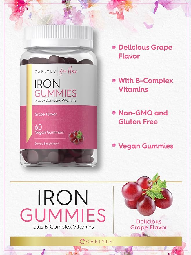 Carlyle Iron Gummies | Plus B-Complex Vitamins | 60 Vegan Gummies | Grape Flavor | Non-GMO, Gluten Free Supplement