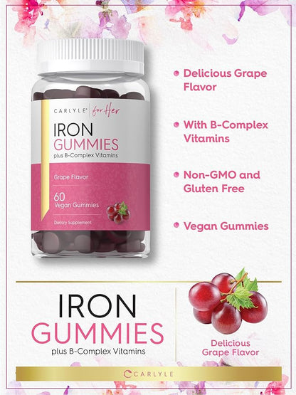 Carlyle Iron Gummies | Plus B-Complex Vitamins | 60 Vegan Gummies | Grape Flavor | Non-GMO, Gluten Free Supplement