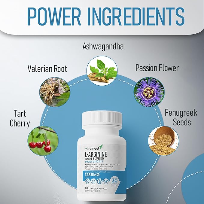 L-Arginine Capsules - 1285MG Blend of Ashwagandha, L-Theanine, Magnesium, GABA, Zinc & Tart Cherry – Muscle Recovery, Sleep & Mood Support – Non-GMO, Gluten-Free, 60 Veggie Capsules For Men And Women