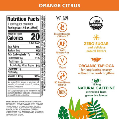OCA ZERO Orange Citrus, Organic energy drink, zero sugar, gluten-free, vegan plant-based, 12 Fl Oz (12-pack)
