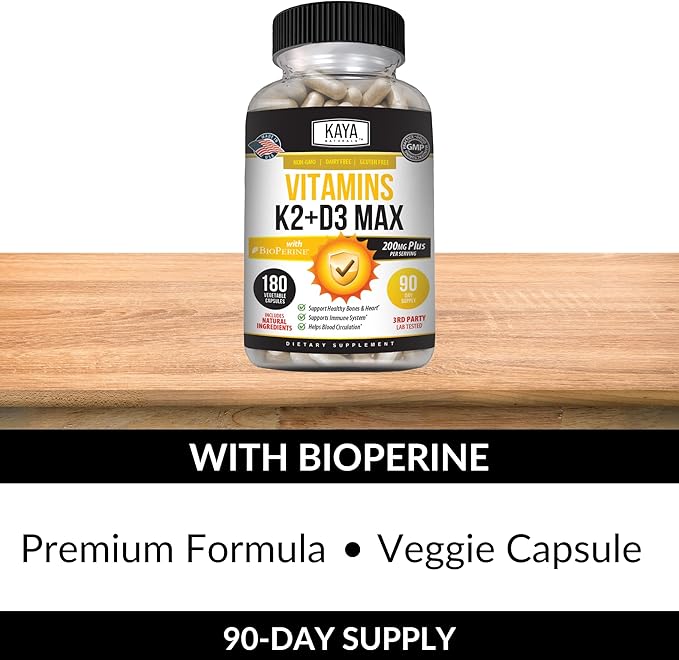 Kaya Naturals Vitamins K2 with D3 5000IU Supplement for Men and Women - Easy to Swallow - Bioperine Capsules (180 Count (Pack of 1)