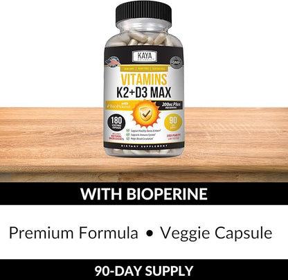 Kaya Naturals Vitamins K2 with D3 5000IU Supplement for Men and Women - Easy to Swallow - Bioperine Capsules (180 Count (Pack of 1)