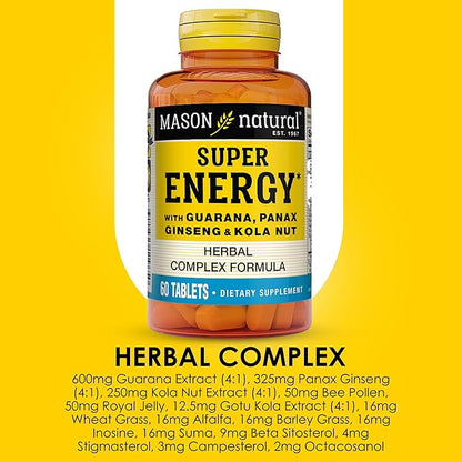 MASON NATURAL Super Energy with Guarana, Panax Ginseng & Kola Nut - Herbal Complex Formula to Support Optimal Performance & Energy*, 60 Tablets