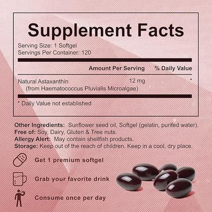 Astaxanthin 12mg, Organic Astaxanthin Antioxidant Supplements For Tanning, Skin, Eye, Joint Health, 120 Softgels