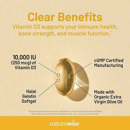 NatureWise Vitamin D3 10,000IU (250 mcg) 30-Day Supply - High Potency for Healthy Immune Support & Muscle Function, Non-GMO, Gluten-Free in Organic Extra Virgin Olive Oil, (Mini Softgel), 30 Count
