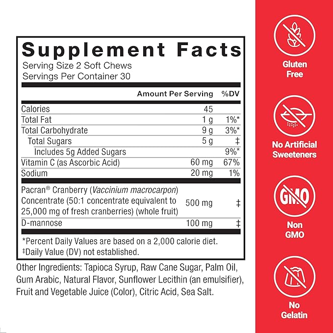 FORCE FACTOR Cranberry Soft Chews, Cranberry Supplement with D Mannose and Cranberry Extract to Support Bladder and Urinary Tract Health for Women, Vegan, Sweet Cranberry Flavor, 60 Soft Chews
