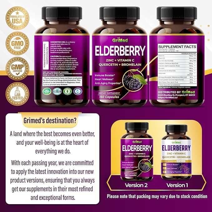 GriMed Elderberry 21,900mg - X15 Power with Zinc, Vitamin C, Quercetin, Bromelain - Immune Booster, Anti-Aging Properties - Made in USA (150 Count (Pack of 1))