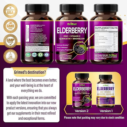 GriMed Elderberry 21,900mg - X15 Power with Zinc, Vitamin C, Quercetin, Bromelain - Immune Booster, Anti-Aging Properties - Made in USA (150 Count (Pack of 1))