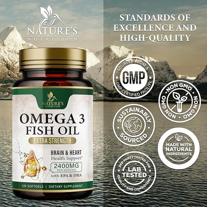 Triple Strength Omega 3 Fish Oil Supplement, EPA & DHA Fish Oil Omega 3 Essential Fatty Acids Supplement Softgels, 2400mg Brain & Heart Health Support Supplements - Gluten Free, Non-GMO, 120 Softgels