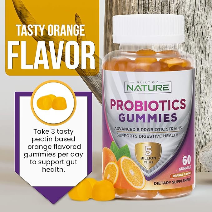 Probiotic Gummies – 5 Billion CFUs for Digestive & Gut Health - Reduces Occasional Bloating & Minor Abdominal Discomfort - Probiotic Gummy for Women & Kids - Natural Orange Flavor – 60 Gummies