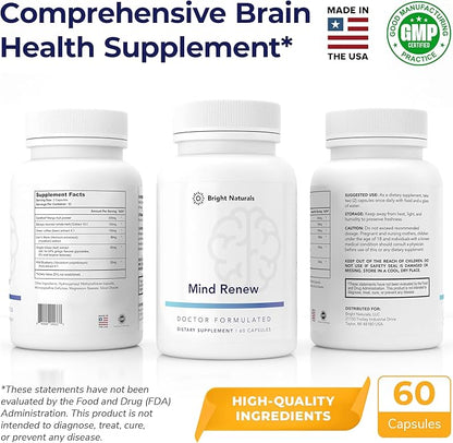Mind Renew - Brain Supplement Supports Memory, Focus, and Cognition - with Lion's Mane and Ginkgo Biloba Extract - Made in The USA, 180 Capsules