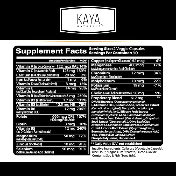 Kaya Naturals - Neuro Brain for Memory & Focus - Nootropic Energy Capsule - Nootropic Brain Support Supplement - Focus & Concentration & Learning Accuracy - Cognitive Function - 180 Count