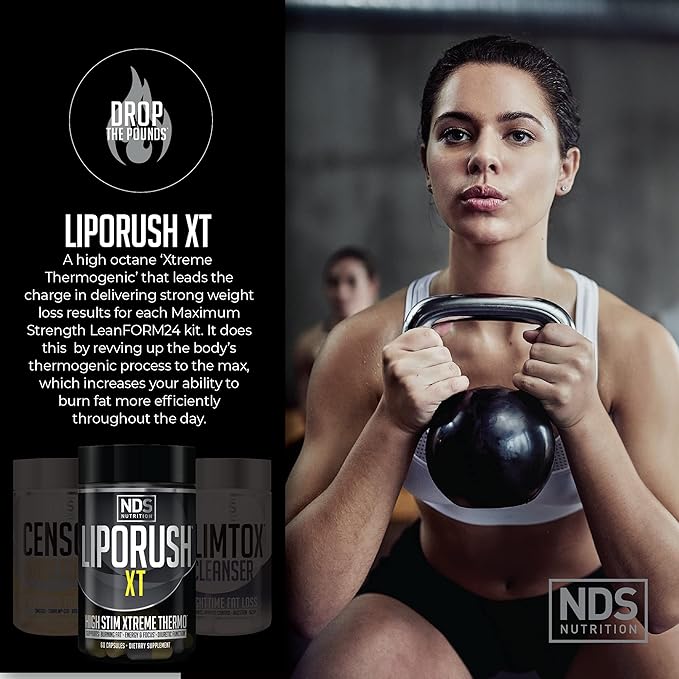 NDS Nutrition Maximum Strength Weight Loss - Decrease Appetite and Energy Booster - Glutamine, L-Carnitine, and CLA (LipoRush XT 60 Capsules, Censor 90 Softgels, and Slim-Tox 90 Capsules)