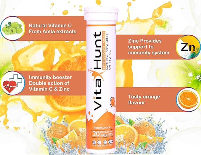 Vitamin C 1000 mg with Zinc- Antioxidants - Immune Support - 20 Effervescent Tablets - Orange Flavour