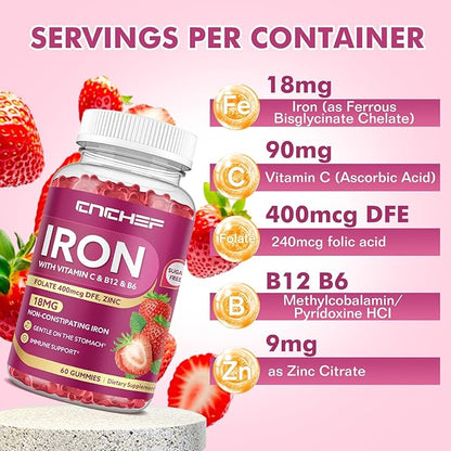 Iron Supplement for Women & Men Gummies, Multivitamin Blood Builder Iron Supplement with Folate Vitamin C B12 B6 Zinc for Adults & Kids - Energy Support - Strawberry Flavor, Vegan 60 Gummies