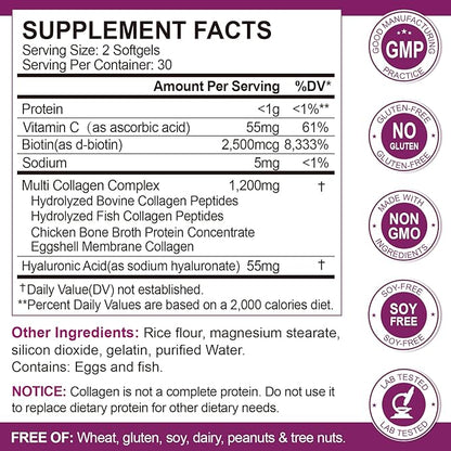 Multi Collagen Peptides Softgel for Women & Men - Type I, II, III, V, X - Hydrolyzed Collagen Peptides with Biotin, Vitamin C & Hyaluronic Acid - Support Skin Hair Nail & Joint - Non GMO, 120 Softgel