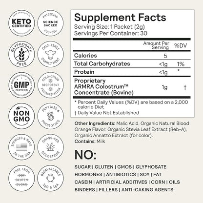 ARMRA Colostrum™ Premium Powder, Grass Fed, Gut Health Bloating Immunity Skin & Hair, Contains 400+ Bioactive Nutrients, Potent Bioavailable, Keto, Gluten & Fat Free (Blood Orange | 60 Servings)