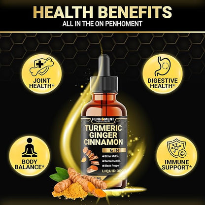 6in1 Liquid Turmeric Curcumin with Ginger, Berberine Extract, Ceylon Cinnamon, Bitter Melon, Black Pepper - Drops Extract - 2FL oz - 60 Servings
