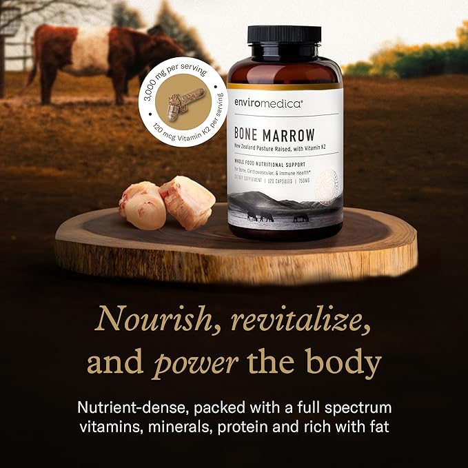 Enviromedica Bone Marrow Supplement - Pastured Grass-Fed Beef Marrow Bones Complex, MCHA, Cartilage, Bovine Collagen & Vitamin K2 (MK7) for Cardiovascular, Joint Health, Immune Support, 120 Capsules