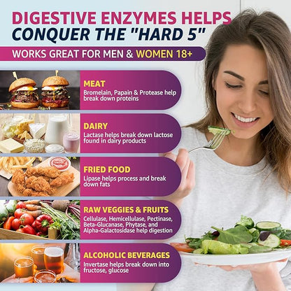 Digestive Enzymes for Women & Men Gummies w/ Probiotics, Papaya, Bromelain, Ginger - Bloating Relief & Gut Health Chewable Supplement Digest Proteins Dairy Carbs Veggies Fats, Sugar Free Vegan, 120Cts