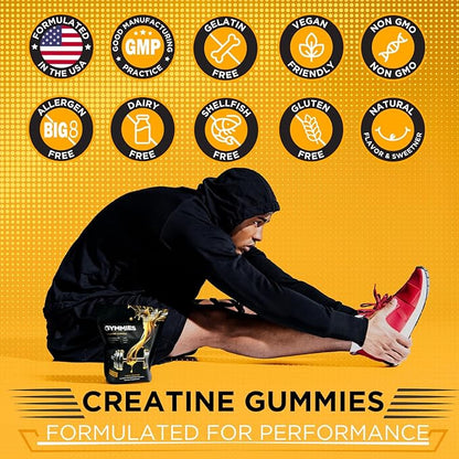Creatine Monohydrate Gummies - Muscle Growth, Performance, Endurance - 5 Gram Creatine per Serving - Vegan, Non-GMO, Gluten-Free, Made in USA - 90ct - Lemon Flavor