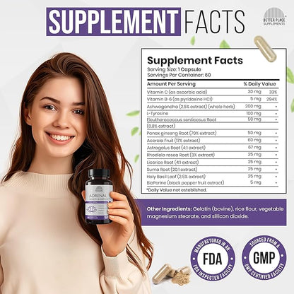 Better Place Supplements Adrenal Health & Support - 60 Capsules | Non-GMO Formula with L-Tyrosine & 200mg Ashwagandha | Supports Energy, Focus, Fatigue Relief (1)