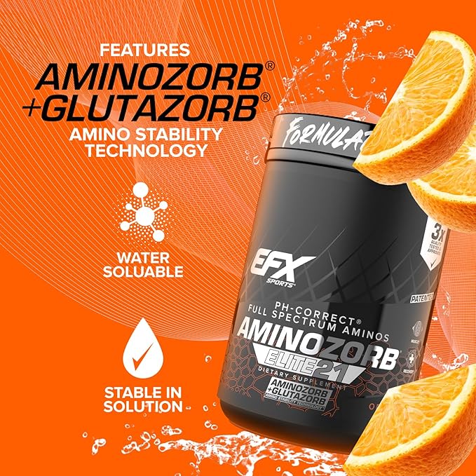 EFX Sports Aminozorb Elite 21 | PH-Correct, Full Spectrum Aminos + Glutamine | Essential & Non Essential Aminos | Zero Sugars | 30 Servings (Orange Splash)
